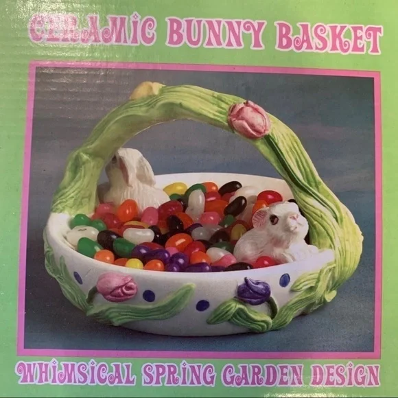 ceramic basket serving tray candy dish with bunnies flowers Easter decor spring - Picture 2 of 7